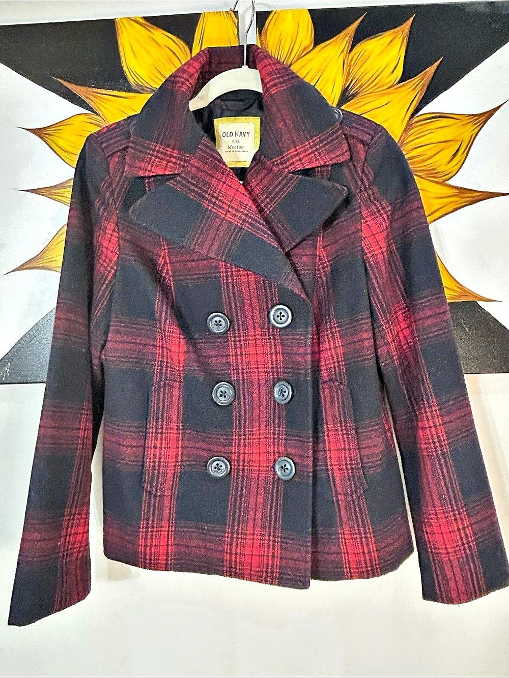 Old Navy Red and Black Plaid Wool Blend Pea Coat Pea Coat Medium